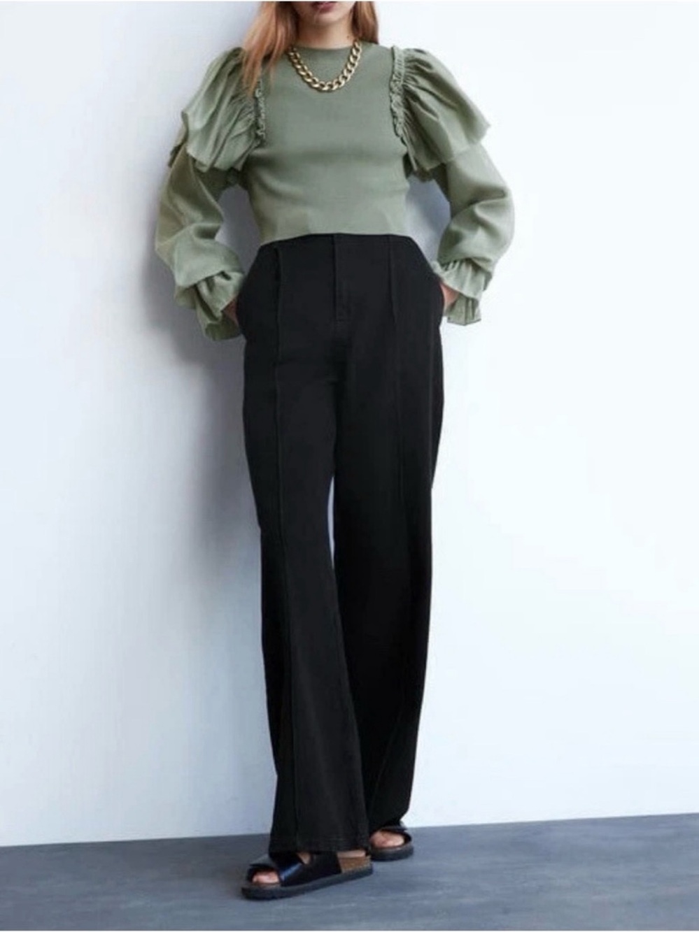 Zara Organza Puff Sleeve Top Sweater Sage Green M